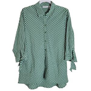 Susan Graver Gingham Check Tunic Blouse Women's Size 8 Green Button Up Pockets